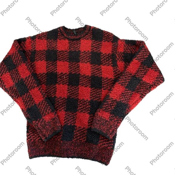 SKIMS Red and Black Plaid fuzzy lounge Top PJ Top, Size Small/Medium, NWT - Picture 4 of 7